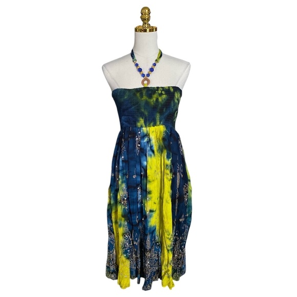Cassee’s Tie-Dye Halter Neck Smoked Embellished Summer Beach Dress Size M Boho - Picture 1 of 7
